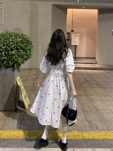 RM14298#法式连衣裙女夏季显瘦气质仙气超仙森初恋甜美白色印花裙