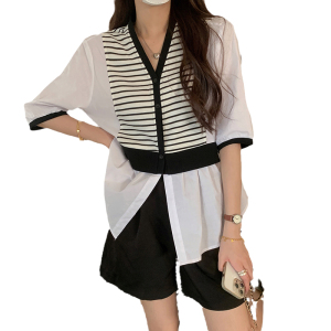 RM5344#大码条纹衬衫女新款衬衣韩版时尚小衫V领设计感上衣