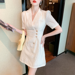 TR42653# 夏季新款法式优雅西装领纯色裙子短袖连衣裙女服装批发女装批发服饰货源