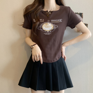 RM3838#夏季新款韩版修身polo领字母印花简约短袖纯棉T恤女