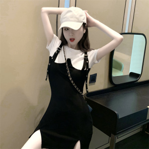 TR16952# 纯欲辣妹背带假两件黑白拼色修身显瘦连衣裙女 服装批发女装服饰货源