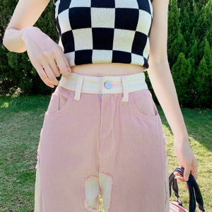 RM3380#粉色腿牛仔裤女春夏显瘦设计感小众拼接直筒宽松垂感拖地裤