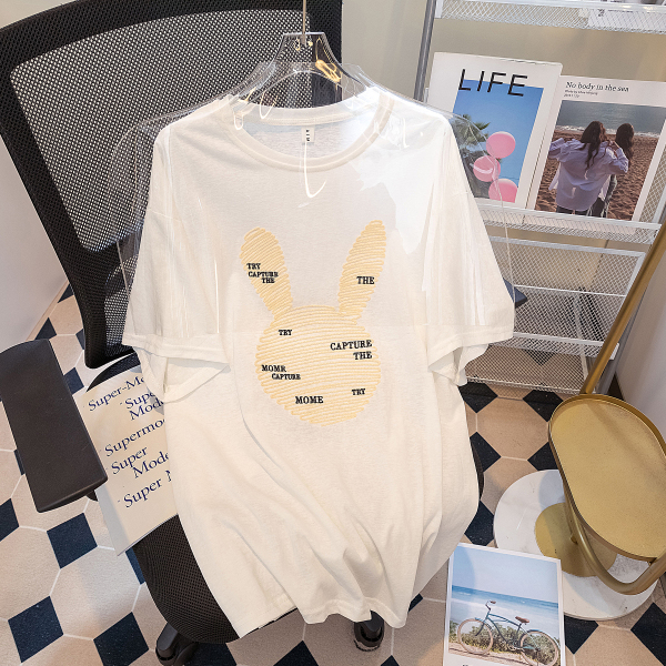 RM3405#大码女装2023春季美式艺术重工兔子刺绣短袖百搭休闲夏季T恤