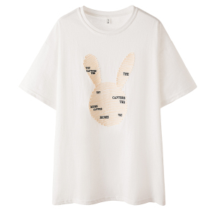 RM3405#大码女装2023春季美式艺术重工兔子刺绣短袖百搭休闲夏季T恤