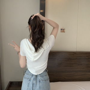 RM3841#夏新款V领连帽短款高腰纯色套头短袖T恤女上衣港风
