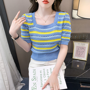 TR16574# 春夏新款方领短袖针织衫T恤女韩版冰丝提花减龄百搭上衣 服装批发女装直播货源