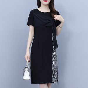 RM10527#夏季连衣裙新款胖MM女装短袖雪纺衫气质收腰显瘦裙子