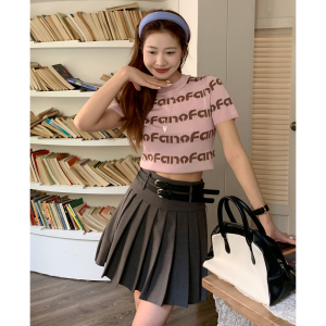 TR15629# 韩版 修身显瘦 字母条纹针织T恤vs 服装批发女装直播货源