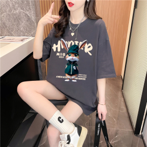 RM4246#纯棉 卡通印花短袖T恤女中长款新款夏季减龄宽松设计感上衣