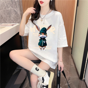 RM4246#纯棉 卡通印花短袖T恤女中长款新款夏季减龄宽松设计感上衣