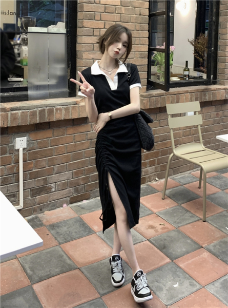 RM14939#韩版撞色polo领连衣裙女修身显瘦抽绳褶皱下摆开叉裙子