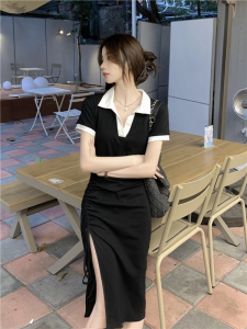 RM14939#韩版撞色polo领连衣裙女修身显瘦抽绳褶皱下摆开叉裙子