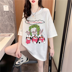 RM4248#纯棉 卡通印花短袖T恤女中长款新款夏季减龄宽松设计感上衣