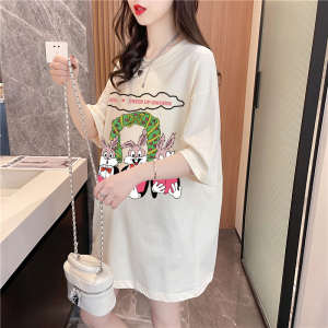RM4248#纯棉 卡通印花短袖T恤女中长款新款夏季减龄宽松设计感上衣