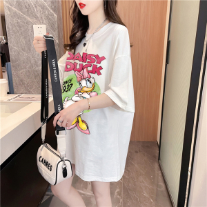 RM4249#纯棉 卡通印花短袖T恤女中长款新款夏季减龄宽松设计感上衣