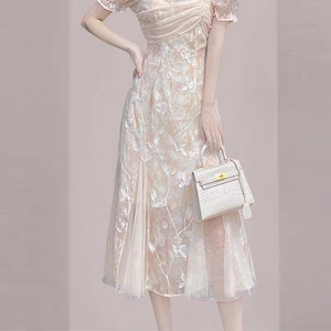 RM3462#温柔风法式浪漫网纱连衣裙 夏季新款洋气女装复古气质收腰裙子