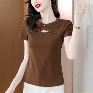 RM6981#夏季新款性感镂空T恤短袖女重工手工钉珠修身显瘦小衫