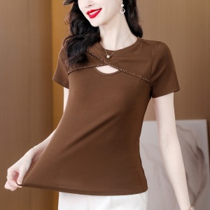 RM6981#夏季新款性感镂空T恤短袖女重工手工钉珠修身显瘦小衫