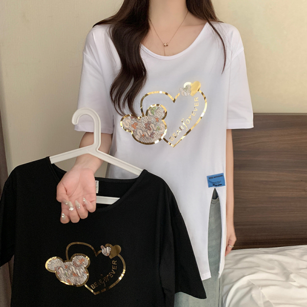 RM5606#大码女装2023夏季新款设计感爱心印花不规则开叉百搭T恤上衣
