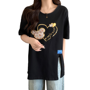 RM5606#大码女装2023夏季新款设计感爱心印花不规则开叉百搭T恤上衣