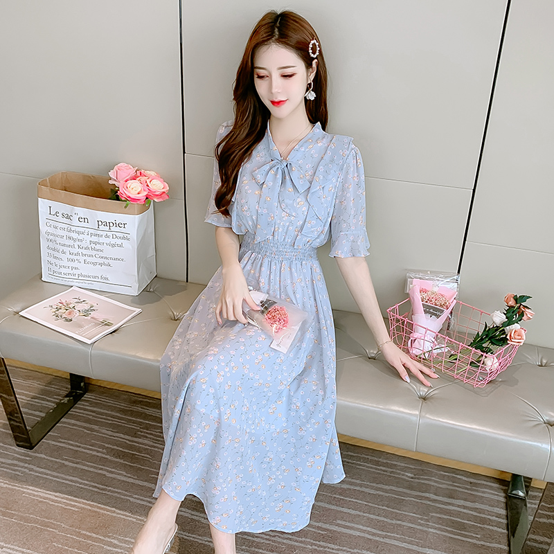 實拍2023夏季短袖新款雪紡碎花甜美淑女喇叭袖小清新花卉連衣裙