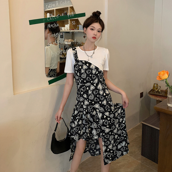 RM3595#夏装新款胖mm时尚显瘦假两件拼结印花洋气连衣裙