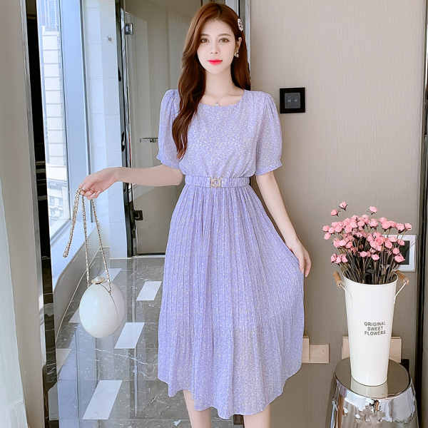RM4362#夏季短袖新款紫罗兰雪纺碎花淑女百褶裙甜美连衣裙