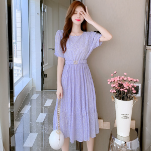 RM4362#夏季短袖新款紫罗兰雪纺碎花淑女百褶裙甜美连衣裙