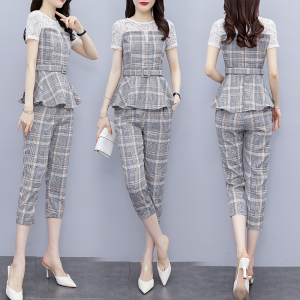RM6315#夏装新款时尚大码女装气质韩版蕾丝拼接格子七分裤两件套