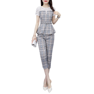 RM6315#夏装新款时尚大码女装气质韩版蕾丝拼接格子七分裤两件套