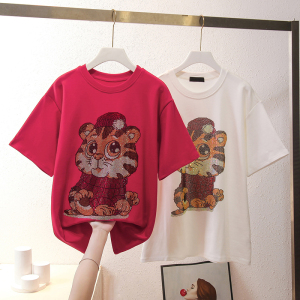 RM3769#夏装韩版宽松圆领卡通亮片中长款大码短袖T恤女