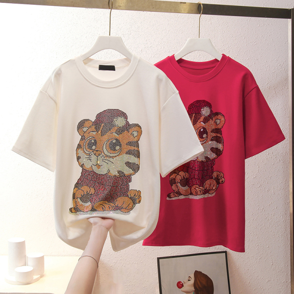 RM3769#夏装韩版宽松圆领卡通亮片中长款大码短袖T恤女