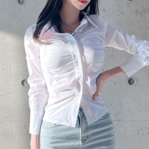 TR20309# 韩国东大门新品性感女人味~气质褶皱修身长袖衬衫se 服装批发女装服饰货源