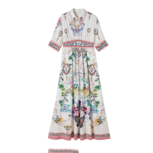 RM23806#新款衬衣领钉珠印花长裙波西米亚度假风连衣裙