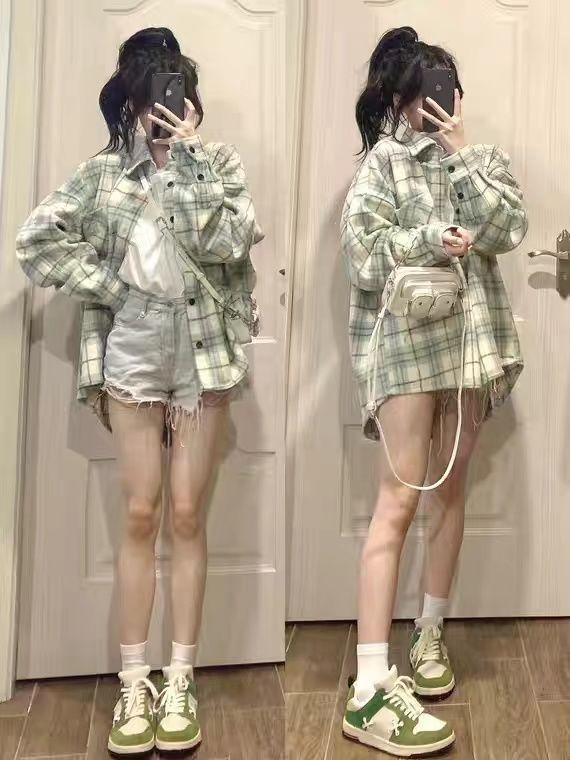 Official picture four-way stretch plaid shirt long-sleeved top women's outer wear