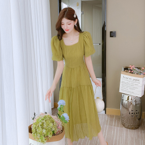 RM3946#胖MM法式复古方领泡泡袖连衣裙女2023年夏季新款气质洋气茶歇裙子