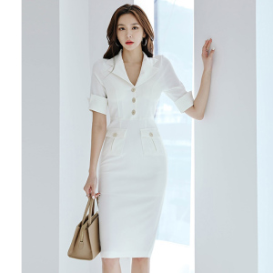 RM4624#夏新款优雅时尚单排扣修身西装领包臀连衣裙