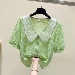 RM6599#高级感刺绣娃娃领短袖天丝雪纺衬衫女夏季欧货气减龄漂亮小衫上衣