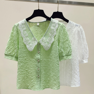 RM6599#高级感刺绣娃娃领短袖天丝雪纺衬衫女夏季欧货气减龄漂亮小衫上衣