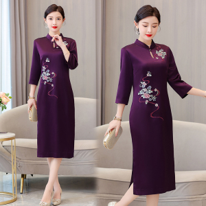 RM6033#新款中式婚宴喜婆婆春夏高贵紫色高级醋酸缎旗袍