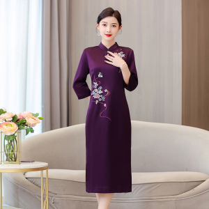 RM6033#新款中式婚宴喜婆婆春夏高贵紫色高级醋酸缎旗袍