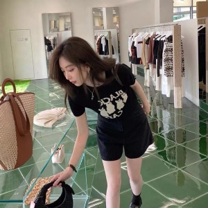 RM3524#设计感猫咪冰丝针织短袖t恤女夏季新款独特别致宽松短款黑色上衣
