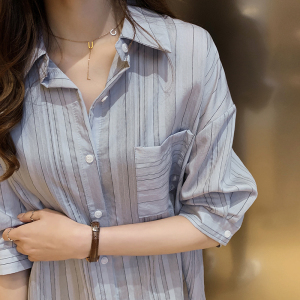 RM3536#条纹衬衫女设计感 新款韩版宽松百搭气质上衣中袖衬衣
