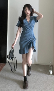 RM5133#夏大码女装微胖MM法式复古牛仔连衣裙女设计感收腰显瘦抽绳