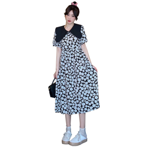 RM4443#夏季法式复古娃娃领连衣裙泡泡袖宽松高腰碎花长裙