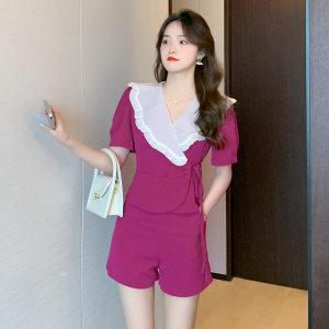 RM11045#夏季新款韩版时尚花边领短裤上衣+短裤两件套女时尚套装