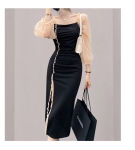 RM4903#新款时尚女装欧货高端网纱长袖收腰显瘦气质连衣裙子