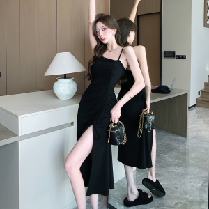 French Pure Lust Style Small Black Dress Light Mature Style Hanging Strap Dress Drawstring Split Long Dress
