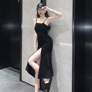 French Pure Lust Style Small Black Dress Light Mature Style Hanging Strap Dress Drawstring Split Long Dress
