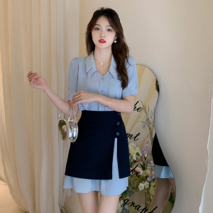 RM11047#夏季新款韩版衬衫裙子+不规则半身裙两件套女连衣裙